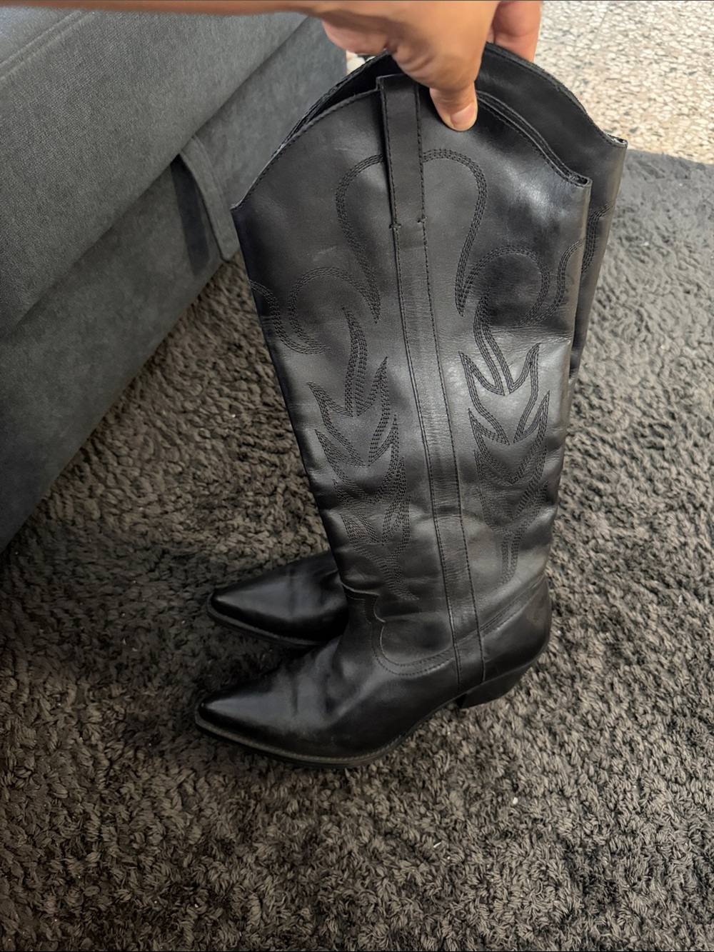 Zara Black Leather Western Knee-High Boots with Stitch Detail